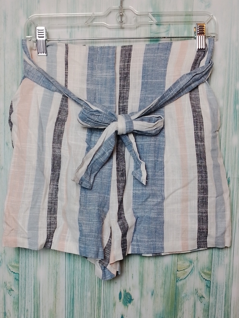 High Rise Linen Blend Shorts Pastel Vertical Stripes With Tie Waist  Medium